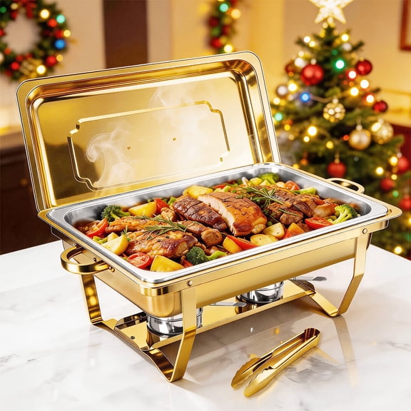 Dish Buffet Set 1 Pack, 9QT Stainless Steel Square Chafing Dishes with Full Gold Plating Rack, 12 Inch Gold Plum Blossom Serving Tongs for Parties, Events, Wedding, Camping, Dinner