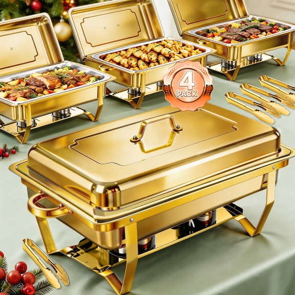 Dish Buffet Set 4 Pack, 9QT Stainless Steel Square Chafing Dishes with Full Gold Plating Rack, 12 Inch Gold Plum Blossom Serving Tongs for Parties, Events, Wedding, Camping, Dinner