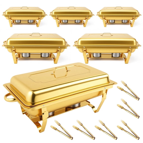 Dish Buffet Set 6 Pack, 9QT Stainless Steel Square Chafing Dishes with Full Gold Plating Rack, 12 Inch Gold Plum Blossom Serving Tongs for Parties, Events, Wedding, Camping, Dinner