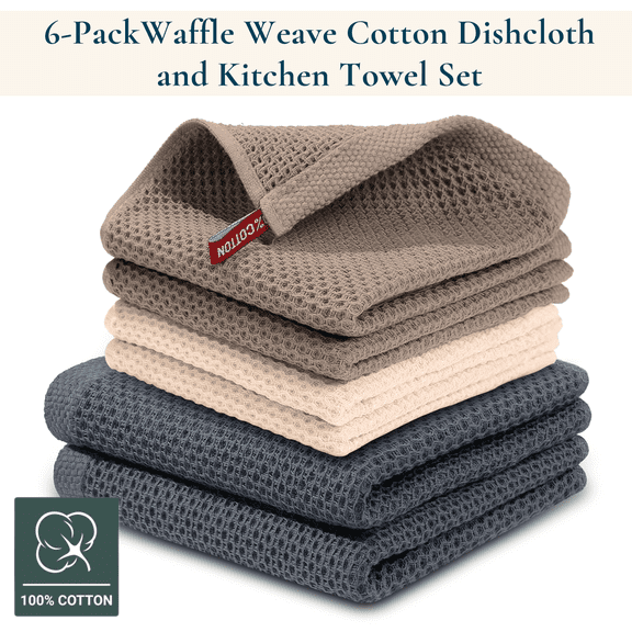 ComfiTime Dish Cloth & Kitchen Towels Set, 100% Cotton Waffle Dish Towels, Reusable Dish Rags Kitchen Hand Towels for Drying Dishes, Soft & Absorbent Cleaning Cloths, 12x12 & 13x28, 6Pack