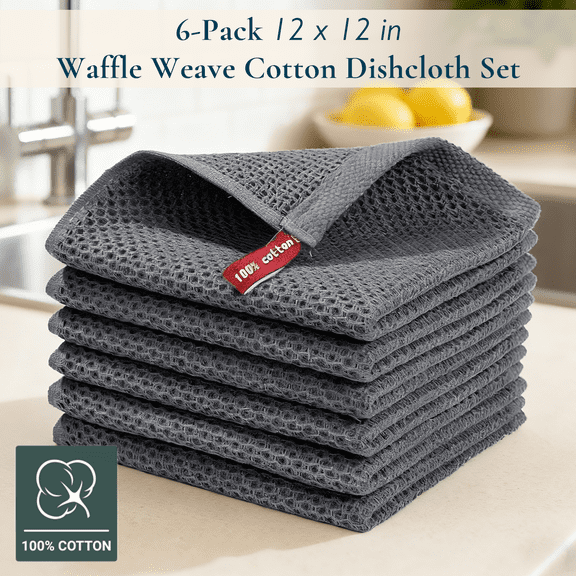ComfiTime Dish Towels, 100% Cotton Waffle Weave Dish Cloth, Reusable Dish Rags Kitchen Hand Towels for Drying Dishes, Soft & Absorbent Cleaning Cloths, Small Dish Wash Cloths, 12x12, 6Pack