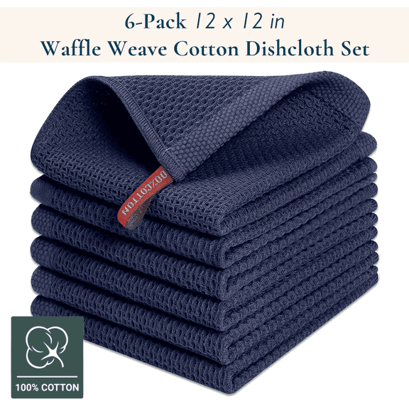 ComfiTime Dish Towels, 100% Cotton Waffle Weave Dish Cloth, Reusable Dish Rags Kitchen Hand Towels for Drying Dishes, Soft & Absorbent Cleaning Cloths, Small Dish Wash Cloths, 12x12, 6Pack