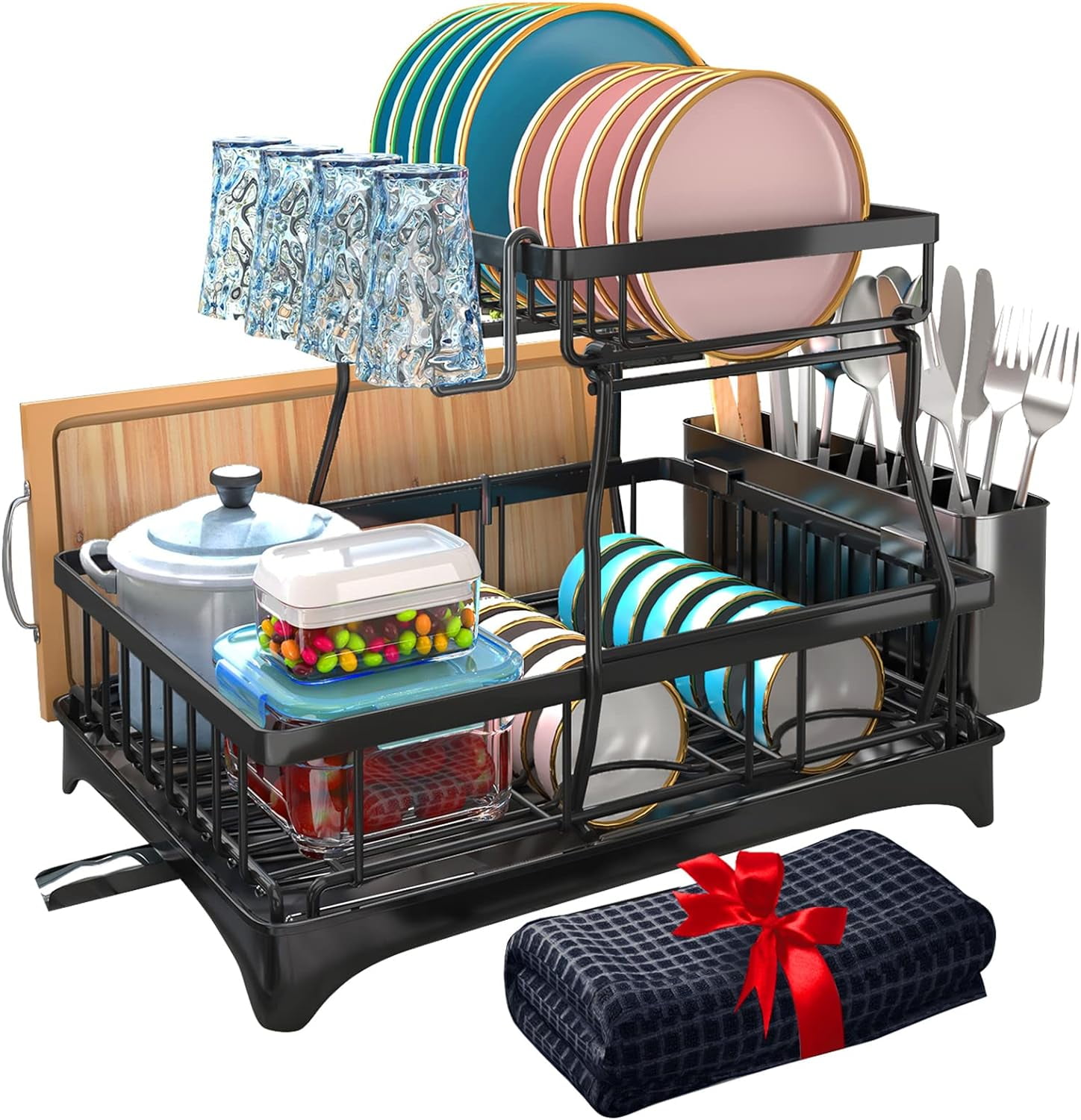 Dish Drainer, Dish Rack with Automatic Drain and Mat, Kitchen ...