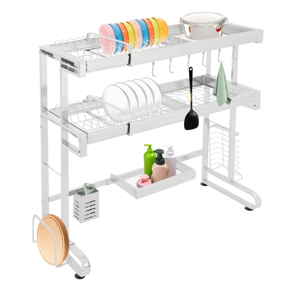 Dish Drainer Drying Rack, 2-Tier Expandable Stainless Steel Sink Drain Rack, Heavy Duty 304 Steel, H-Shape Design, for Plates, Bowls, Utensils, Kitchen Storage, Over Sink Organizer