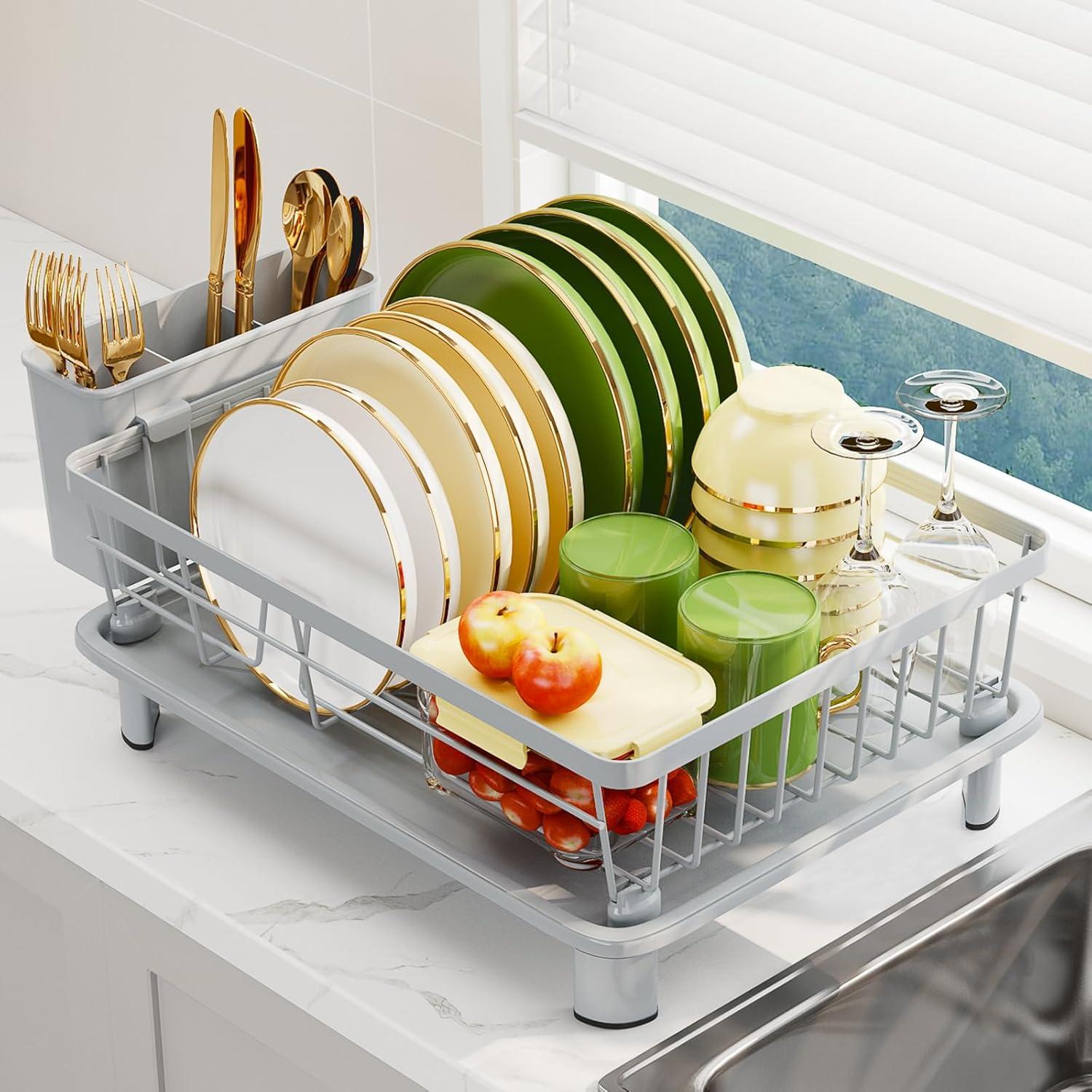Stack Rack Drip Tray Dish Drainer Rack with Drip Tray, Sink Dish Drainer with Drainage Spout ...
