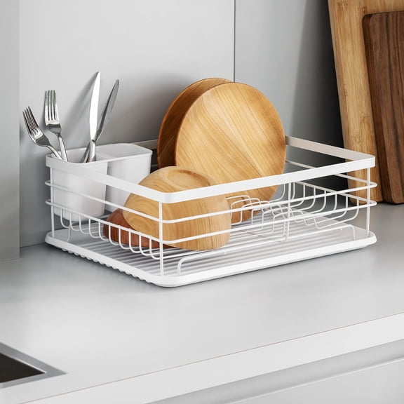 Dish Drainer Rack - Plate, Cutlery, Pots and Pans Drying Rack for Kitchen - Modern Retro Design Drip Tray with Metal Rack - White