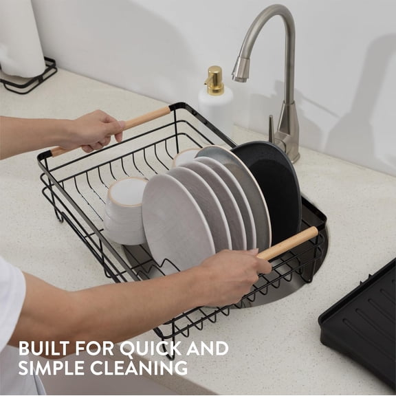 Dish Drainer Rack with Wooden Handle - Metal Draining Board with Drip Tray - Plate Drying Rack with Utensil Holder - Washing Up Drainers for Kitchen Sink - Black