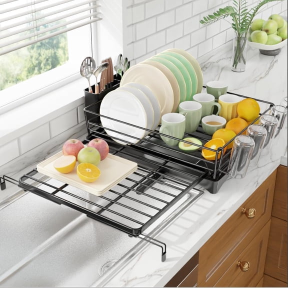 Dish Drainers, Extendable Dish Drying Rack, Dish Racks for Kitchen Counter, Large Sink Drying Dish Drainers, Stainless  Dish Strainer with Utensil Holder, Black