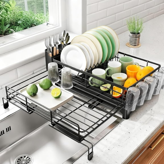 Dish Drainers, Extendable Dish Drying Rack, Dish Racks for Kitchen Counter, Large Sink Drying Dish Drainers, Stainless Steel Dish Strainer with Utensil Holder, Black