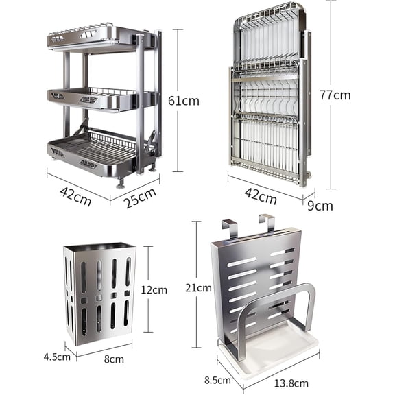 Dish Drainers Kitchen Wall-Mounted Stainless Steel Dish Rack Drain Rack with Drain Pan,Foldable Dish Rack,Cutting Boards,Utensil,Cutlery Holder,Plate Rack for Kitchen Counter,3-Tier Dish D