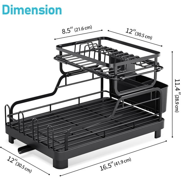 2-Tier Dish Drying Rack with Large Drainboard, Stainless Steel Kitchen Counter Organizer with Cup & Utensil Holders, Black
