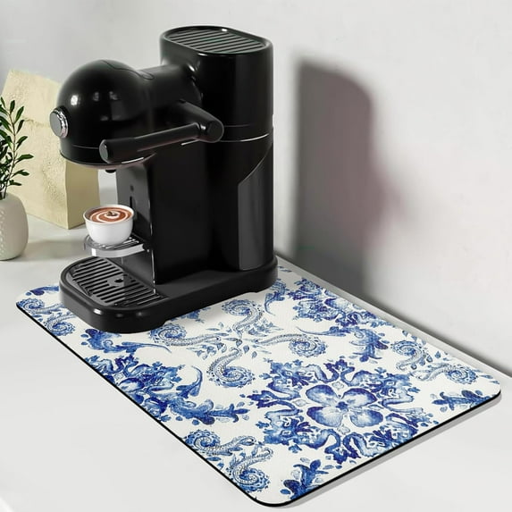 Dish Drying Mat, 12.2"x19.7" Absorbent Coffee Bar Mat with Waterproof Rubber Back, Fit Under Coffee Maker Machine/Kitchen Counter(Ink Cyan Flower)