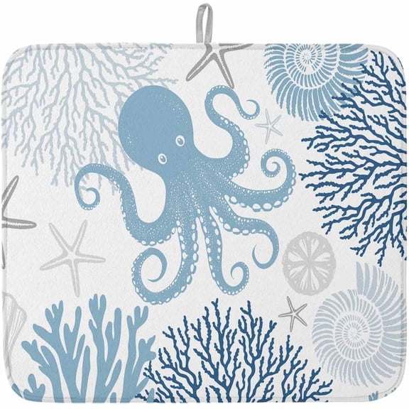 Dish Drying Mat 16" x 18" Blue Octopus Absorbent Drying Mat for Kitchen Counter Coral Starfish Shell Dish Drying Pad for Dishes Cups and Glassware Coffee Bar Accessories