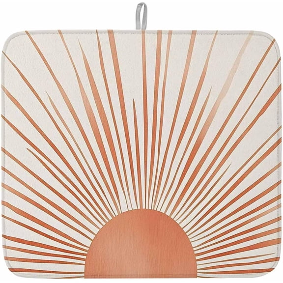 Dish Drying Mat 16" x 18" Bohemian Sun Absorbent Drying Mat for Kitchen Counter Orange Boho Abstract Lines Dish Drying Pad for Dishes Cups and Glassware Coffee Bar Accessories