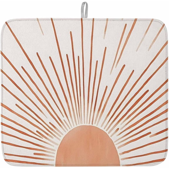 Dish Drying Mat 16" x 18" Boho Sun Absorbent Drying Mat for Kitchen Counter Orange Bohemian Lines Dish Drying Pad for Dishes Cups and Glassware Coffee Bar Accessories