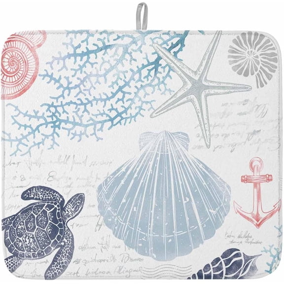Dish Drying Mat 16" x 18" Marine Life Absorbent Drying Mat for Kitchen Counter Blue Sea Turtle Starfish Coral Dish Drying Pad for Dishes Cups and Glassware Coffee Bar Accessories