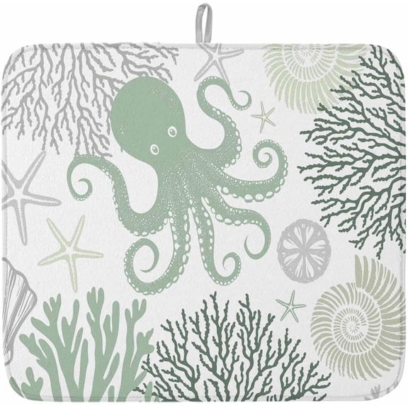 Dish Drying Mat 16" x 18" Sage Green Octopus Absorbent Drying Mat for Kitchen Counter Coral Starfish Shell Dish Drying Pad for Dishes Cups and Glassware Coffee Bar Accessories