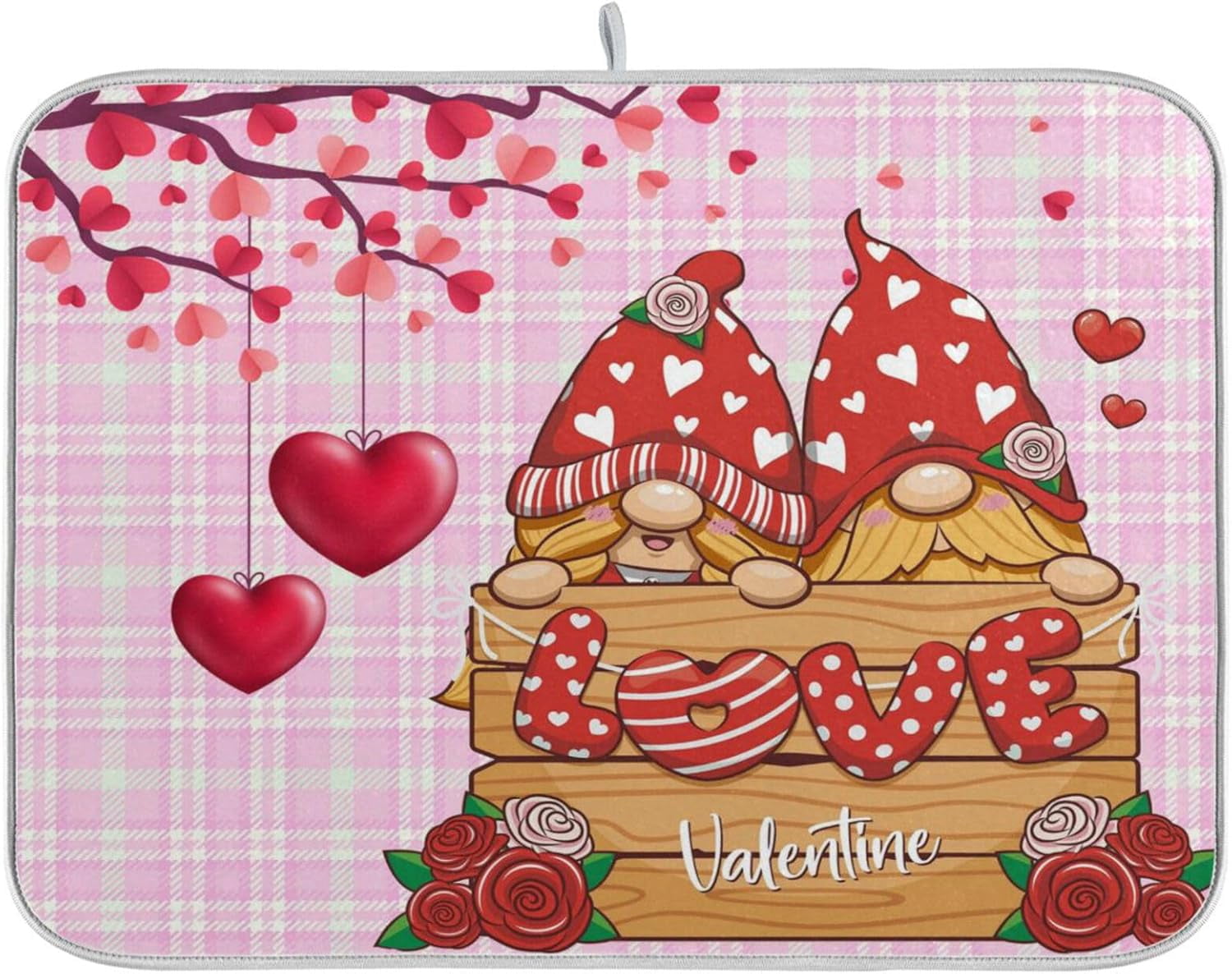 Dish Drying Mat 16x18 For Kitchen Counter Cute Gnome Heart Pink Tartan ...