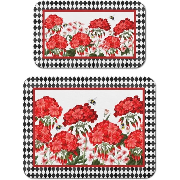 Dish Drying Mat 2-Pack Red Floral Bee Check for Kitchen Counter Dishes | Diatom Mud Mats (18x24, 19.5x12"). Non-slip rubber back for kitchen counter, coffee bar & sink scenes