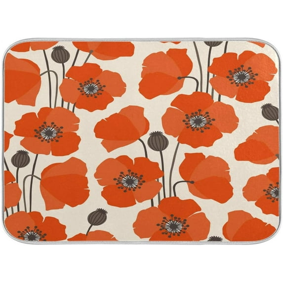 Dish Drying Mat Beautiful Red Poppy Flowers Kitchen Dish Pads Super Absorbent Microfiber Dish Drying Rack Pads Safe Heat-resistant Kitchen Counter Mat,18x24 Inch