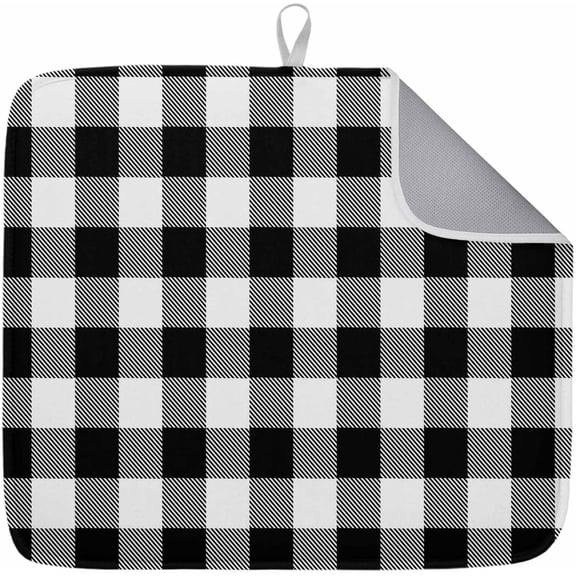 Dish Drying Mat Black Check Plaid Drying Matt for Kitchen Counter Farmhouse Style Absorbent Microfiber Quick Dry Mats Dishes Drainer Home Decorations 16x18 inch