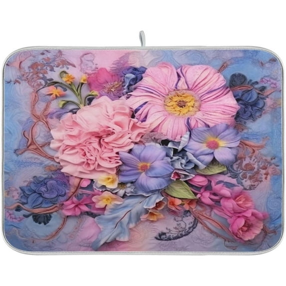 Dish Drying Mat Blooming Flowers Painting Absorbent Dry Mats for Dishes Draining Pad for Kitchen Countertop 18" x 24"