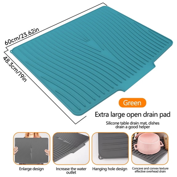 Dish Drying Mat with Bulged Edge Spout 24x19 Inch Silicone Mats for Kitchen Counter Extra Large Tableware Pad Dish Drying Rack Antis Slip Sink Pad Bowl and Drying Filter Pad Thermal Insulation