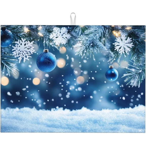 Dish Drying Mat Christmas Blue Ball Snowflake Absorbent Microfiber Non Slip Quick Dry Heat Resistant Holiday Decorative Kitchen Counter Mat for Plates Cups Glasses 18x24 Inch