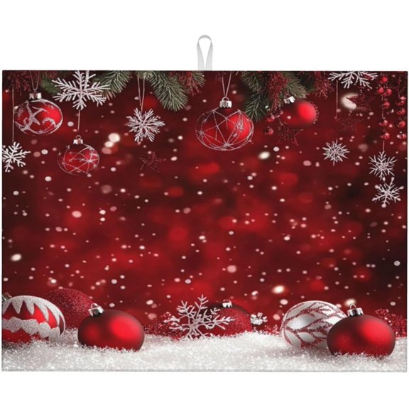 Dish Drying Mat Christmas Red Ball Winter for Kitchen Counter Absorbent 18x24 Inch Microfiber Dishes Plate Glass Dry Draining Pad Reversible Washable