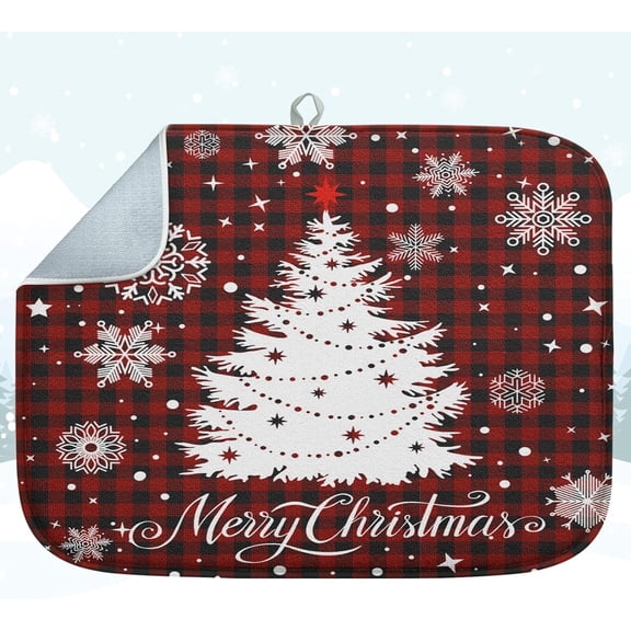 Dish Drying Mat, Christmas Tree Snowflakes Xmas Snow Absorbent Microfiber Pad for Kitchen Counter Decor, Heat Resistant and Reversible, 18" x 24"