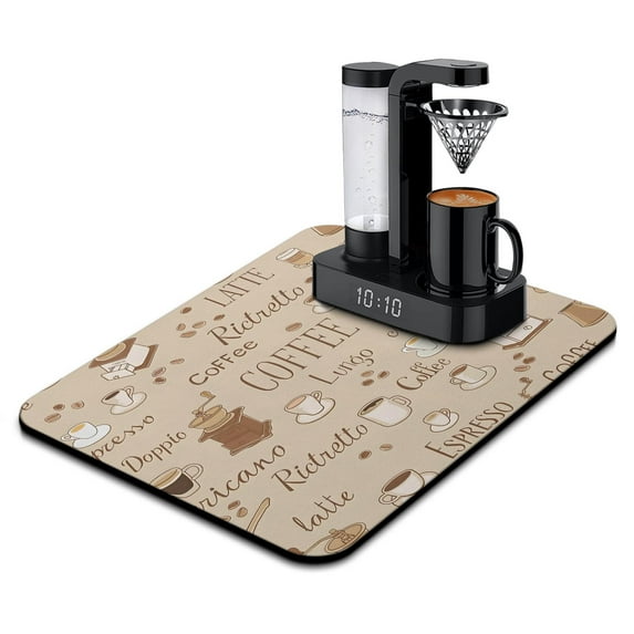 Dish Drying Mat, Coffee Text Absorbent Coffee Bar Mat for Countertops, Coffee Bar Accessories for Kitchen Counter Coffee Maker Coffee Pot Dining Room Decoration 18x24in