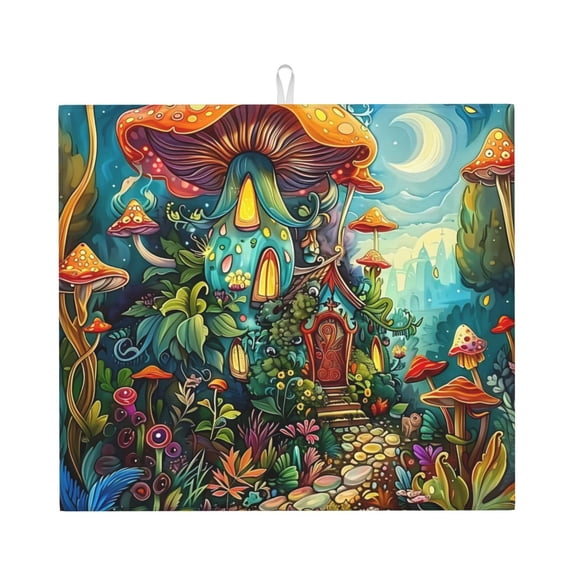 Dish Drying Mat, Color Mushroom Cottage Highly Absorbent Drying Matt Kitchen Counter, Dish Mat Drying Pad Dishes Drainer Mats for Kitchen Counter or Sink, 16 x 18 inch