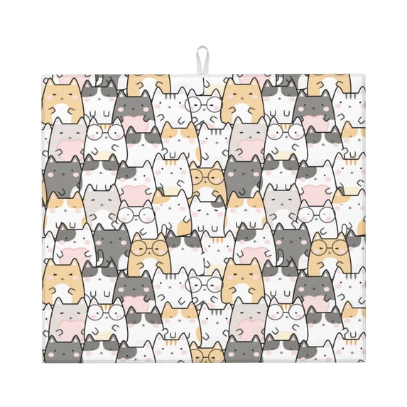 Dish Drying Mat, Comic Style Color Line Cartoon Cat Highly Absorbent Drying Matt Kitchen Counter, Dish Mat Drying Pad Dishes Drainer Mats for Kitchen Counter or Sink, 16 x 18 inch