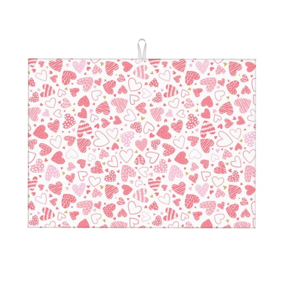 Dish Drying Mat, Cute Hand Drawn Hearts Highly Absorbent Microfiber Drying Mat Kitchen Counter or Sink Drawer Liner, 18x24 Kitchen Drying Mat Coffee Mat Kitchen Essentials