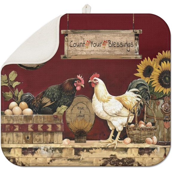 Dish Drying Mat Drainer Pads - Extra Large Microfiber Drying Mats for Dishes Kitchen Counter Super Absorbent Pads for Draining Racks (Chicken,16"x18" )