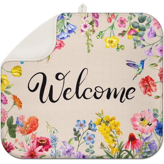 Dish Drying Mat Drainer Pads - Extra Large Microfiber Drying Mats for Dishes Spring Summer Flower Kitchen Counter Super Absorbent Pads for Draining Racks (16"x18" )