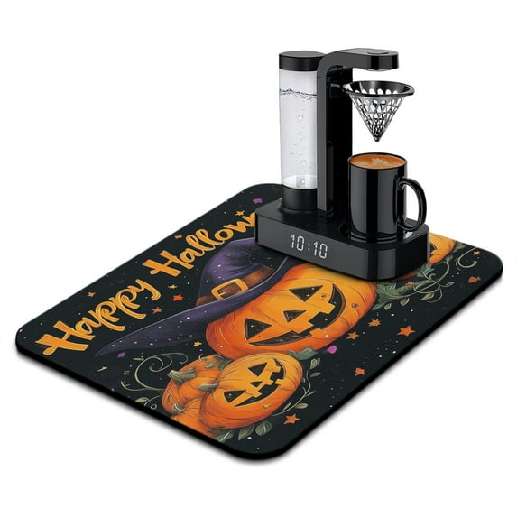 Dish Drying Mat Evil Pumpkin Witch Happy Halloween Dish Drying Pad Non Slip Foldable Washable 18x24 Inch Dry Pad for Dining Table Coffee Bar