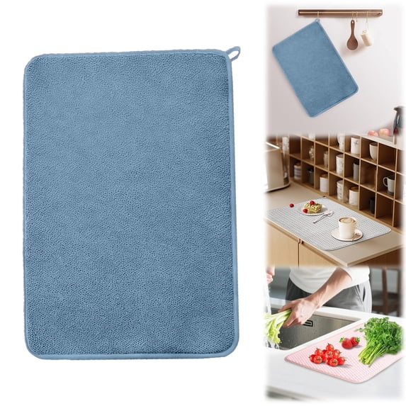 Dish Drying Mat, Extra Large 24x17 Inch Absorbent Microfiber Drainer, Pinstripe Blue DesignforKitchen Countertop, Drying Rack Liner and Protector, 45x60cm