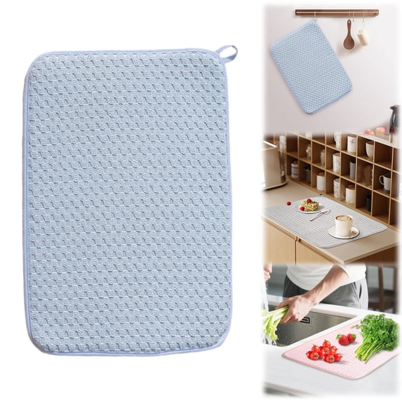 Dish Drying Mat, Extra Large 24x17 Inch Absorbent Microfiber Drainer, Pinstripe Blue DesignforKitchen Countertop, Drying Rack Liner and Protector, 45x60cm