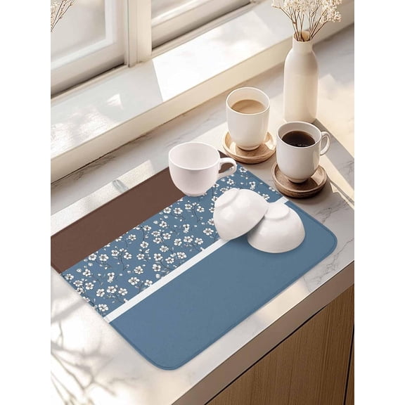 Dish Drying Mat Farmhous Floral Pattern Dish Drying Mats for Kitchen Counter Classic Blue Brown Absorbent Microfiber Rack Mats with Hanging Loop, Quick Dry Mat 18*24in