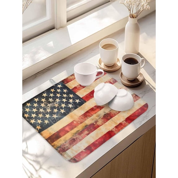 Dish Drying Mat Farmhouse USA American Flag Dish Drying Mats for Kitchen Counter Independence Day Absorbent Microfiber Rack Mats with Hanging Loop, Quick Dry Mat 16*18in