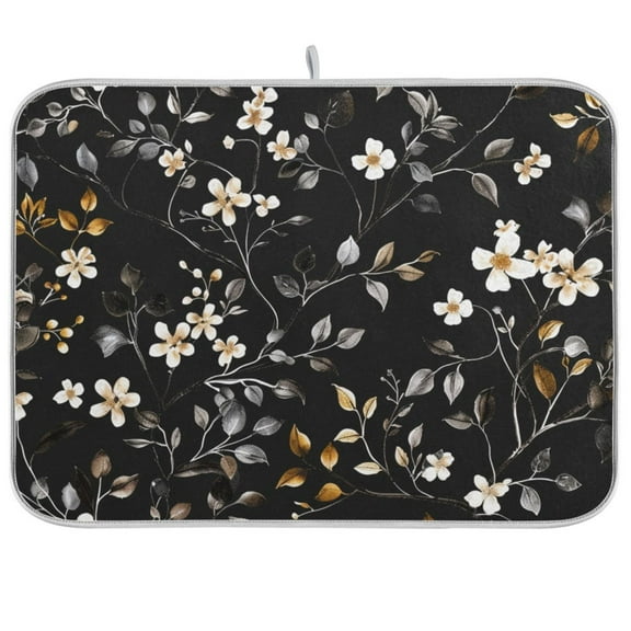 Dish Drying Mat Flower on Black Kitchen Mats Microfiber Counter Absorbent Dish Pad Drainer Rack 16"x18"