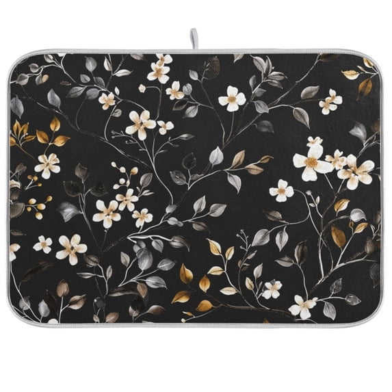 Dish Drying Mat Flower on Black Kitchen Mats Microfiber Counter Absorbent Dish Pad Drainer Rack 18"x24"