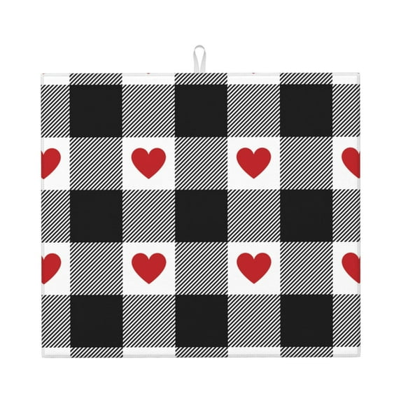 Dish Drying Mat, Heart Black Buffalo Plaid Gingham Highly Absorbent Drying Matt Kitchen Counter, Dish Mat Drying Pad Dishes Drainer Mats for Kitchen Counter or Sink, 16 x 18 inch