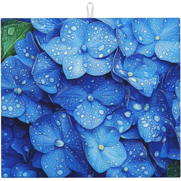 Dish Drying Mat Hydrangeas Flower Blue for Kitchen Counter Absorbent 16x18 Inch Microfiber Dishes Plate Glass Dry Draining Pad Reversible Washable