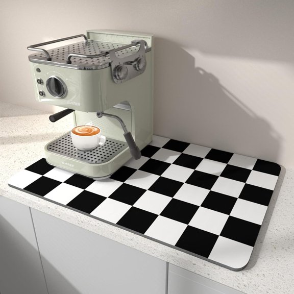 Dish Drying Mat for Kitchen, 15.7’’ X 17.7’’ Coffee Bar Mats for Countertop Fit Under Coffee Maker, Hide Stain Rubber Backed Espresso Machine Absorbent Drying Pad, Black & White