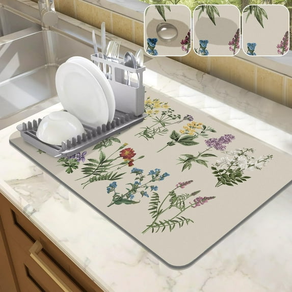 Dish Drying Mat for Kitchen Counter 12"x20" Absorbent Coffee Bar Mat with Vintage Sage Flower Herbs Ideal Dish Drainer Rack Mat for Coffee Maker Pot and Dining Room Decoration