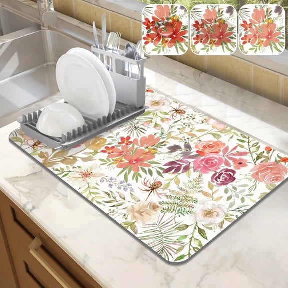 Dish Drying Mat for Kitchen Counter, 12"x20" Absorbent Mat with Pink Roses Petals, Dish Drainer Rack Mat for Countertop Coffee Maker, Dining Room Decoration