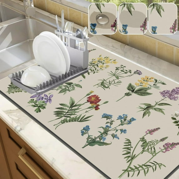 Dish Drying Mat for Kitchen Counter, 15.7"x23.6" Absorbent Mat with Green Plant Pattern, Dish Drainer Rack Mat for Countertop Coffee Maker, Dining Room Decoration