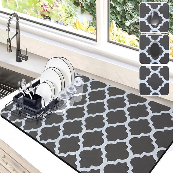 Dish Drying Mat for Kitchen Counter, 18x24 Dish Drying Pad with Non-slip Rubber Backed, Hide Stain Anti Absorbent for Kitchen Counter, Drying Mat for Coffee Machine Dish Rack (Gray Trellis)